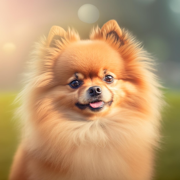 Realistic pomeranian dog on ravishing natural outdoor background