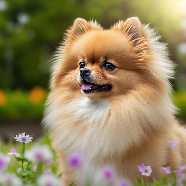 Realistic pomeranian dog on ravishing natural outdoor background