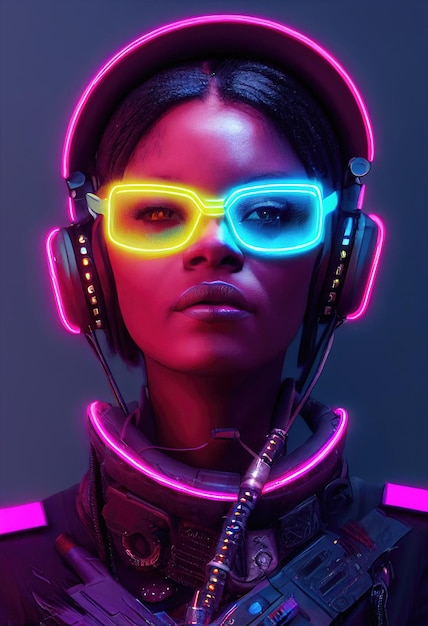 A realistic portrait of a ebony girl wearing a cyberpunk headset and cyberpunk gear.