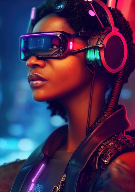 A realistic portrait of a ebony girl wearing a cyberpunk headset and cyberpunk gear.