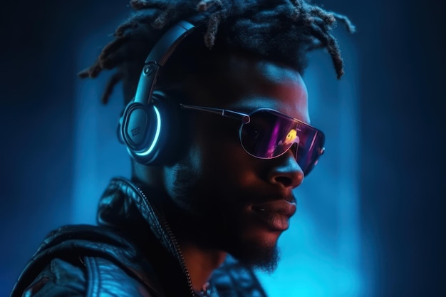 A realistic portrait of a ebony man in neon light wearing a cyberpunk headset and cyberpunk gear a high tech futuristic man from the future the concept of virtual reality and 3d illustration