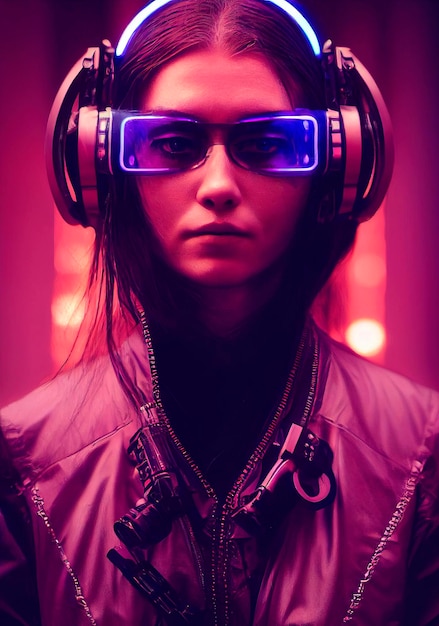 Realistic portrait of a fictional girl with headphones. A modern girl with a cyber headset.