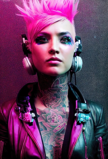 Realistic portrait of a fictional punk girl with headphones and pink hair. Hipster girl