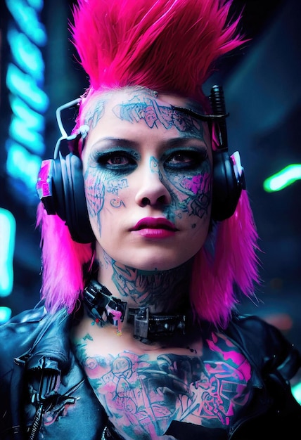 Realistic portrait of a fictional punk girl with headphones and pink hair. Hipster girl