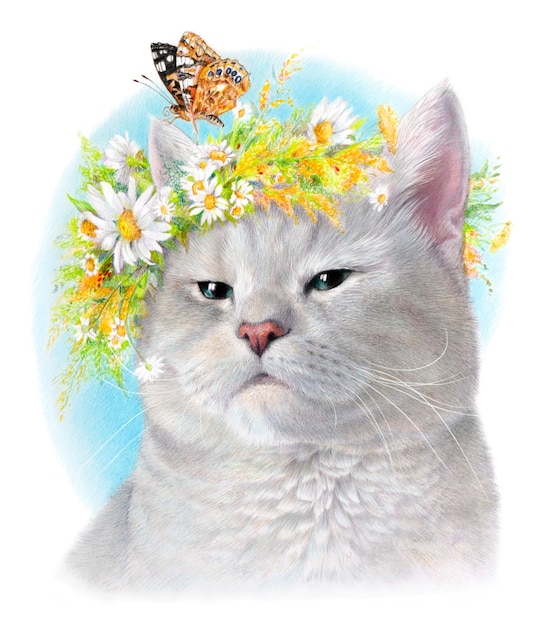 Realistic portrait of a gray cat with a wreath of daisies and a butterfly. Isolated on a white background. Color portrait