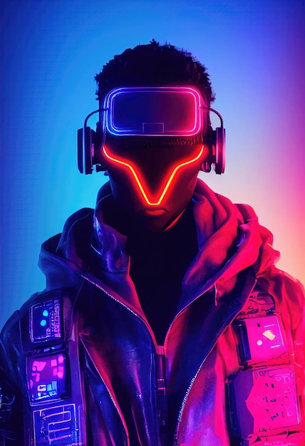 A realistic portrait of a man in neon light wearing a cyberpunk headset and cyberpunk gear