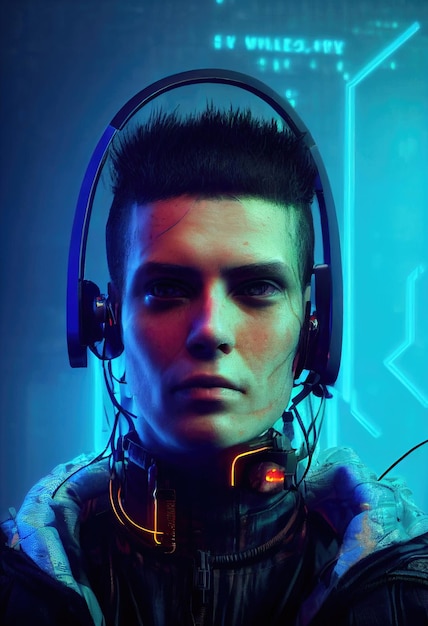 A realistic portrait of a man wearing a cyberpunk headset and cyberpunk gear. A hightech man.