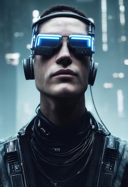 A realistic portrait of a man wearing a cyberpunk headset and cyberpunk gear