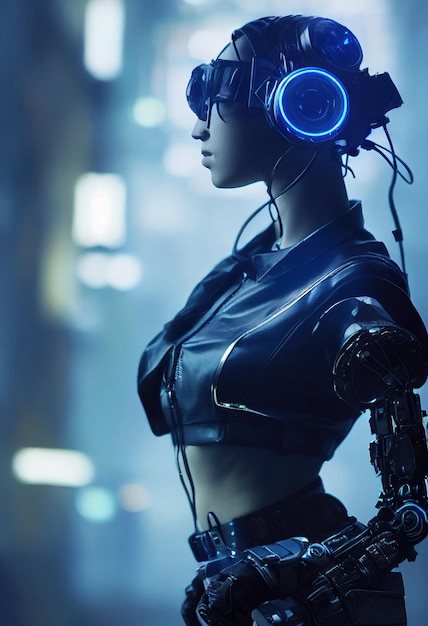 Realistic portrait of a scifi cyberpunk girl in a cyber suit Hightech futuristic man from the future