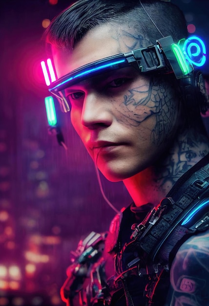 Realistic portrait of a scifi cyberpunk men in a cyber suit. Hightech futuristic man from the future