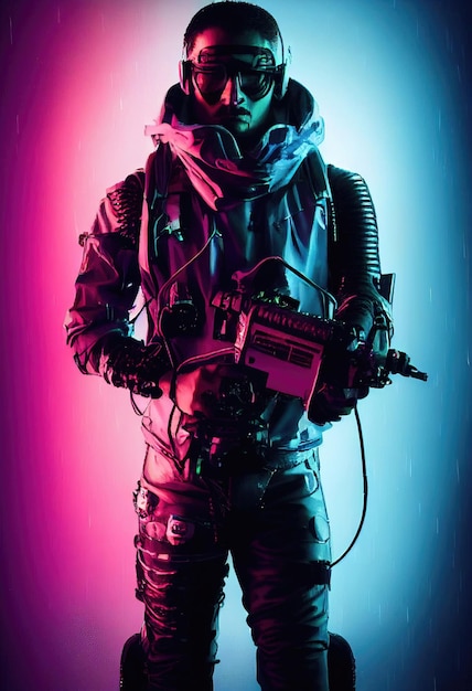 Realistic portrait of a scifi cyberpunk men in a cyber suit. Hightech futuristic man