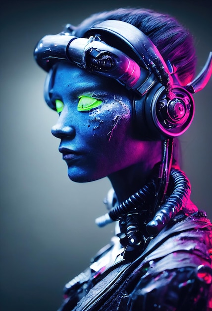 Realistic portrait of a scifi cyberpunk warrior. Hightech futuristic woman from the future.