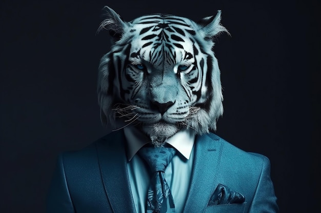 Realistic portrait of a Tiger in a classic blue suit and glasses Illustration of Generative AI The bodyguard Mafia