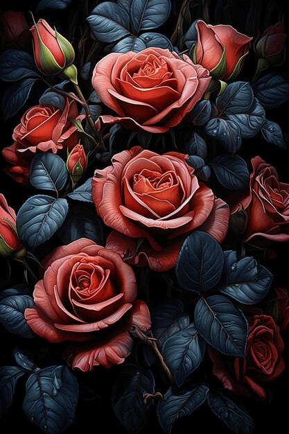 realistic portrayal of black roses forming a straight border on a solid black background AI generat