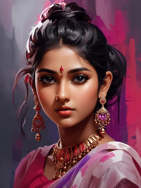 A realistic pretty young indian woman or girl in gold ornaments looking at the camera