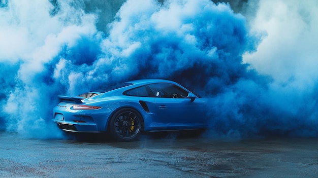 Photo realistic product photo 35 mm porsche 911 made from blue smoke print conceptual photography shot