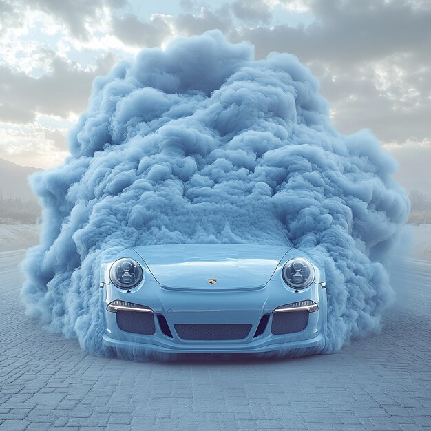 realistic product photo 35 mm Porsche 911 made from blue smoke print conceptual photography shot