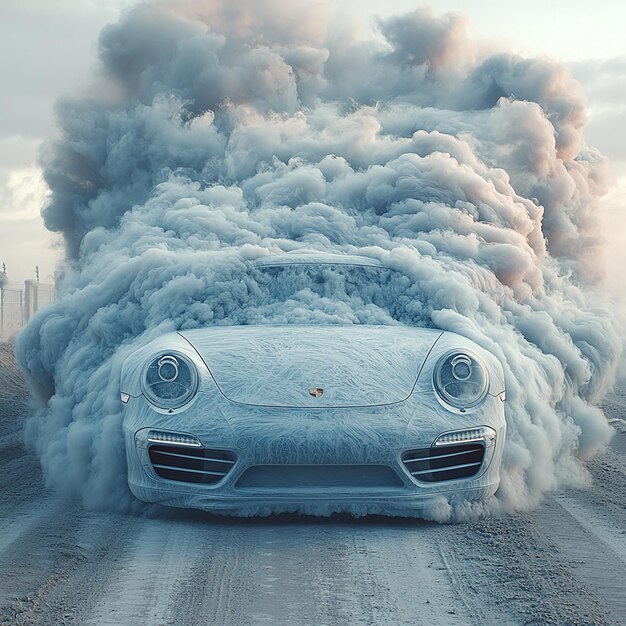 realistic product photo 35 mm Porsche 911 made from blue smoke print conceptual photography shot