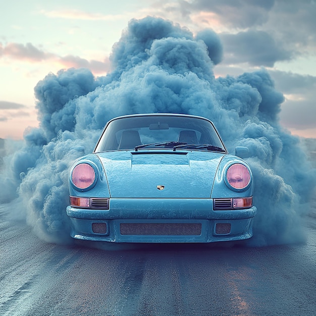 realistic product photo 35 mm Porsche 911 made from blue smoke print conceptual photography shot