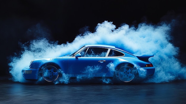 realistic product photo 35 mm Porsche 911 made from blue smoke print conceptual photography shot