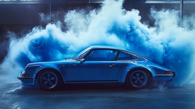 realistic product photo 35 mm Porsche 911 made from blue smoke print conceptual photography shot