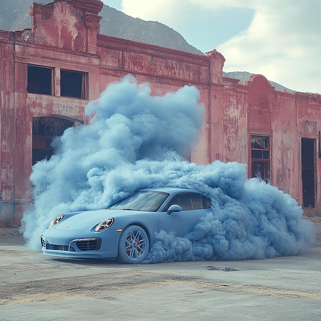 Photo realistic product photo 35 mm porsche 911 made from blue smoke print conceptual photography shot