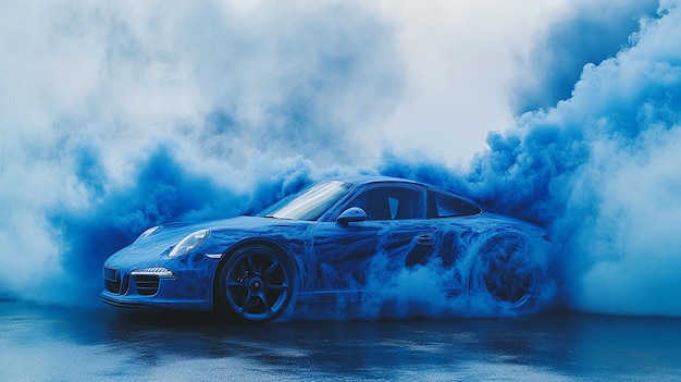 realistic product photo 35 mm Porsche 911 made from blue smoke print conceptual photography shot