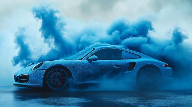 realistic product photo 35 mm Porsche 911 made from blue smoke print conceptual photography shot