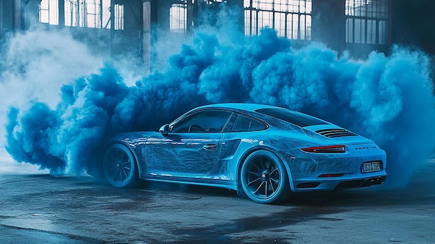 Photo realistic product photo 35 mm porsche 911 made from blue smoke print conceptual photography shot