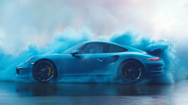 realistic product photo 35 mm Porsche 911 made from blue smoke print conceptual photography shot