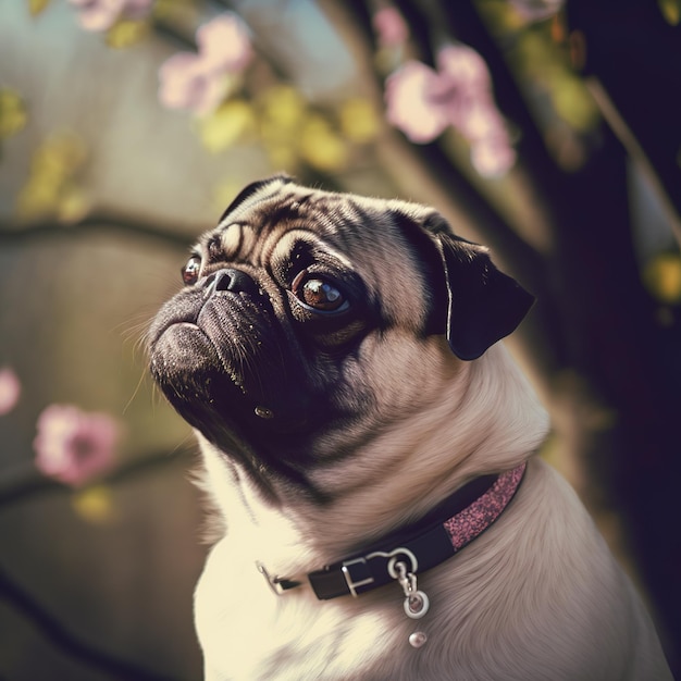 Realistic pug dog on ravishing natural outdoor background