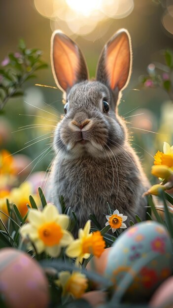 Realistic rabbit and Easter eggs and daffodil flowers