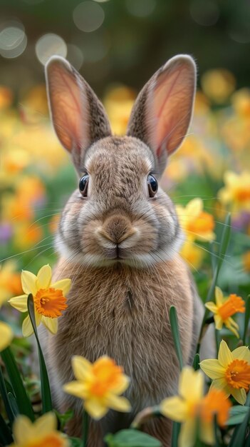 Realistic rabbit and Easter eggs and daffodil flowers