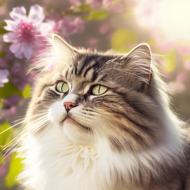 Realistic ragamuffin cat on ravishing natural outdoor background