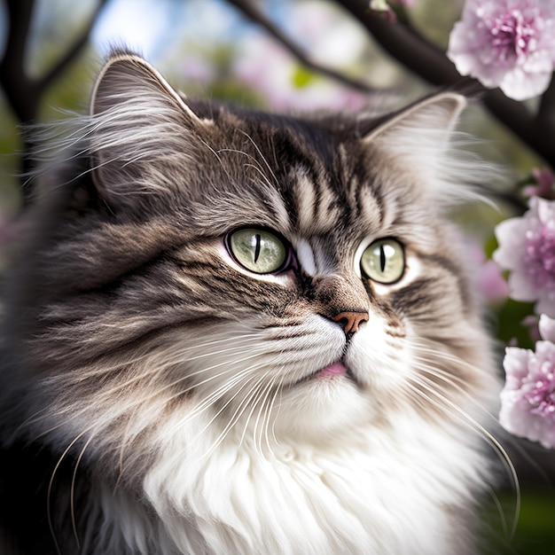 Realistic ragamuffin cat on ravishing natural outdoor background