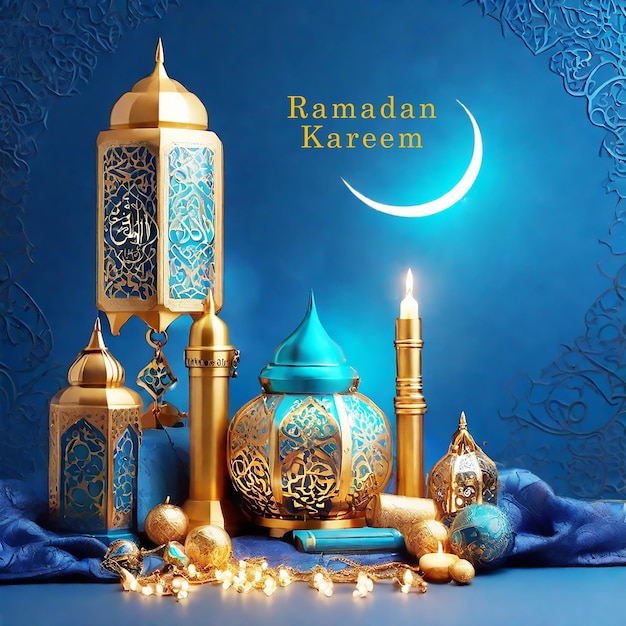 Realistic ramadan background with mosque moon stars lantern and bokeh Generative AI