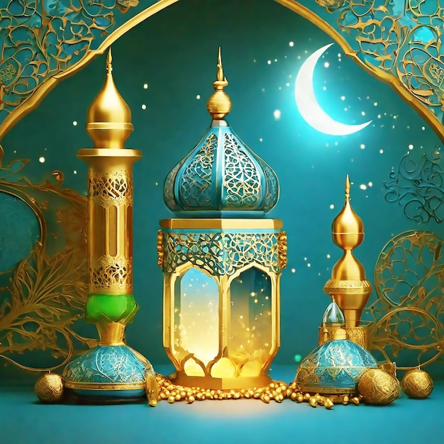 Realistic ramadan background with mosque moon stars lantern and bokeh Generative AI