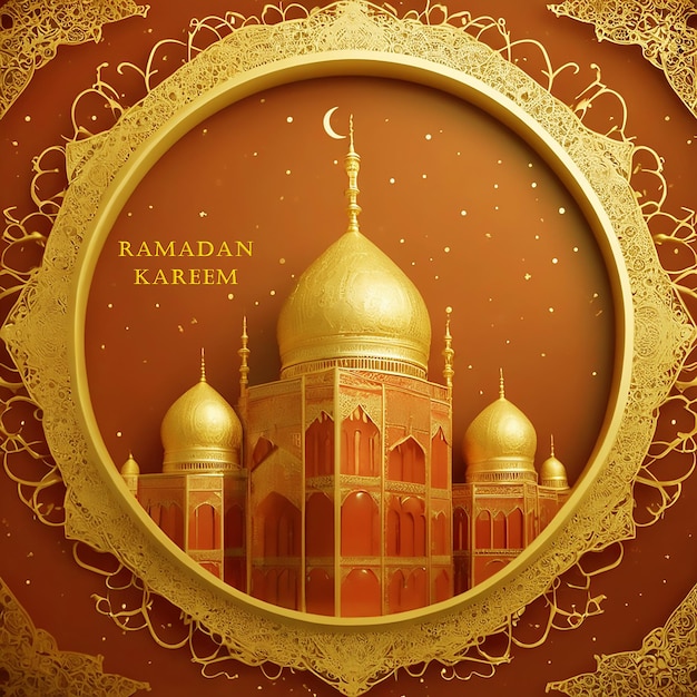 Realistic ramadan background with mosque moon stars lantern and bokeh Generative AI