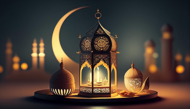 Realistic ramadan kareem eid mubarak background with crescent moon and mosque Generative AI