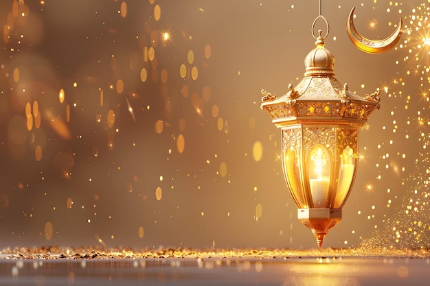 Realistic ramadan kareem with lantern and crescent moon in sparkling gold color