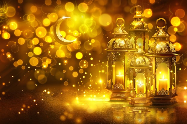 Realistic ramadan kareem with lantern and crescent moon in sparkling gold color