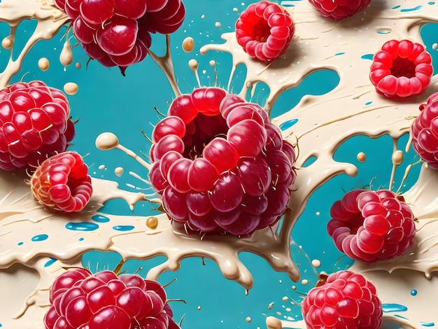 Realistic raspberries and cream dynamic falling tempera splatter