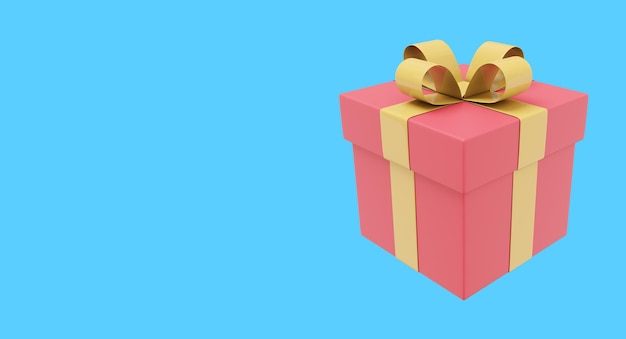 Realistic red gift box with yellow ribbon 3D rendering Icon on blue background text space