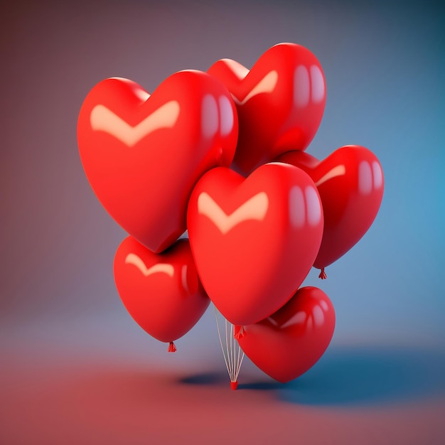 Realistic Red Glossy Heart Shape Balloons 3D Rendering