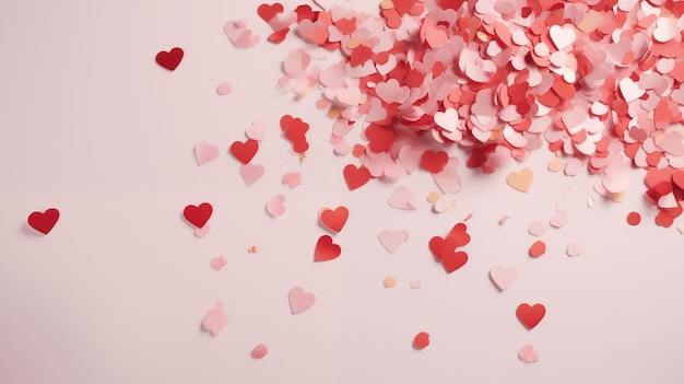 Realistic red heart confetti top view on the pink background