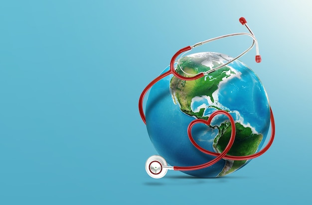 Realistic red heart form stethoscope and world with free text space