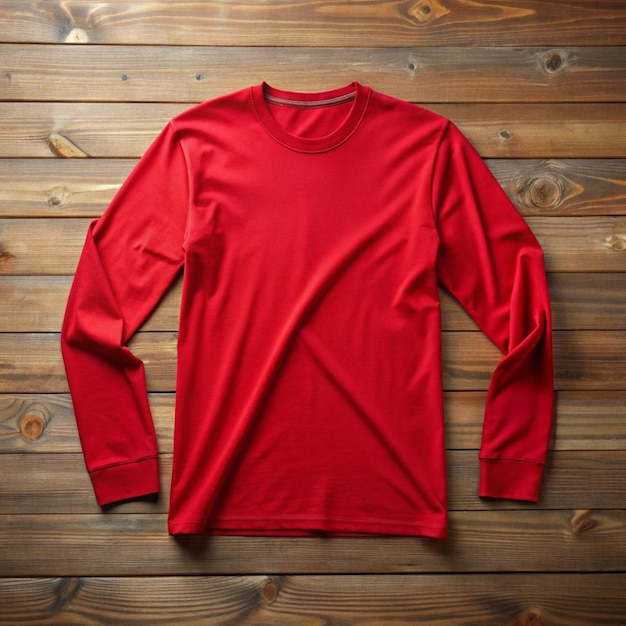 Realistic red long sleeve tshirt mockup on wooden background k resolution