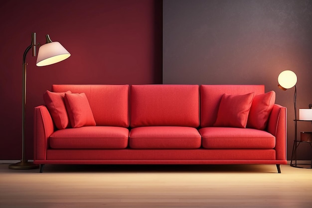 Realistic red square sofa with lamp