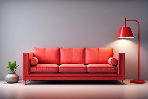 Realistic red square sofa with lamp