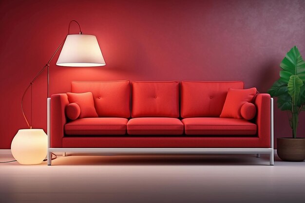 Realistic red square sofa with lamp